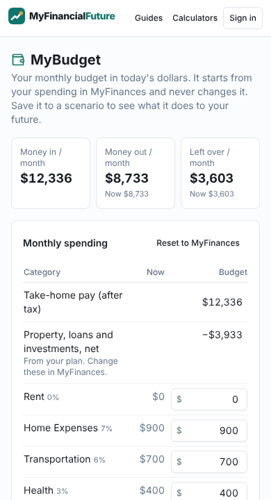 The budget page on a phone